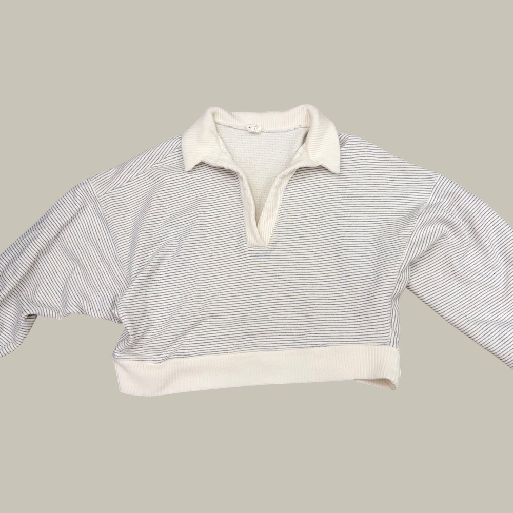 By Together Striped Collared Sweatshirt Cropped V-Neck Size M Coastal Pullover - Picture 12 of 15